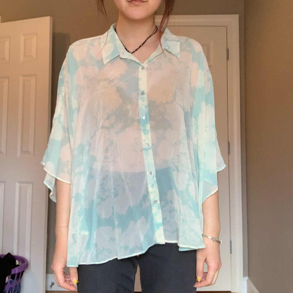 Poncho style sheer button up